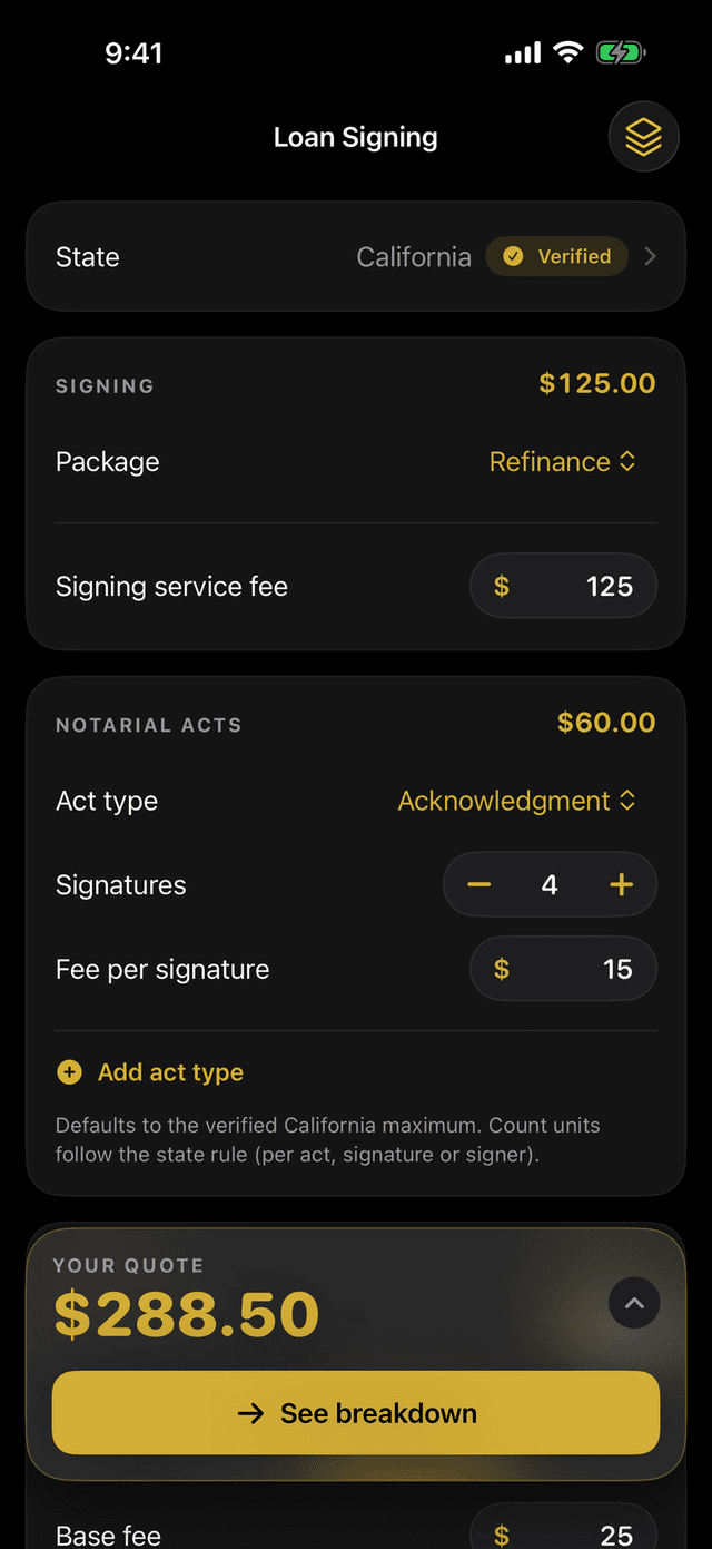 Loan signing quote form in the app: package type, signing fee, notarial acts and travel